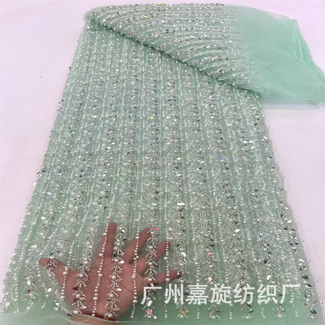Comercio exterior estrechamente estriado hojas llenas de tubo de perlas ropa tela de malla europea y americana vestido de boda chaqueta tela de encaje