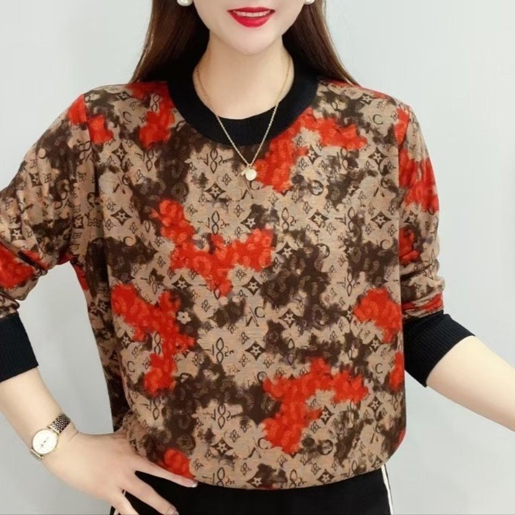 ディザトーンのファッションのデジタルプリントの長袖tシャツの女性の秋の新型のお母さんはゆったりした丸首のプルオーバーの中で老いています。|undefined