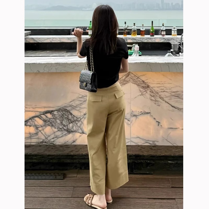 khaki High Waist Straight Wide Leg Casual Pants Women's Summer 2025 New Loose Slimming Pear-Shaped Figure Cropped Pants