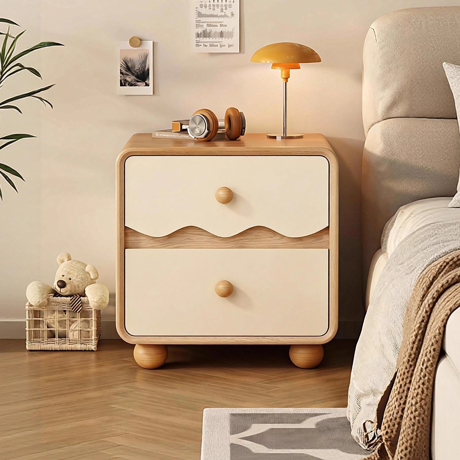Madera sólida creativa tronco de madera crema viento 2025 estilo explosivo simple de alto nivel dormitorio moderno pequeño gabinete de almacenamiento junto a la cama