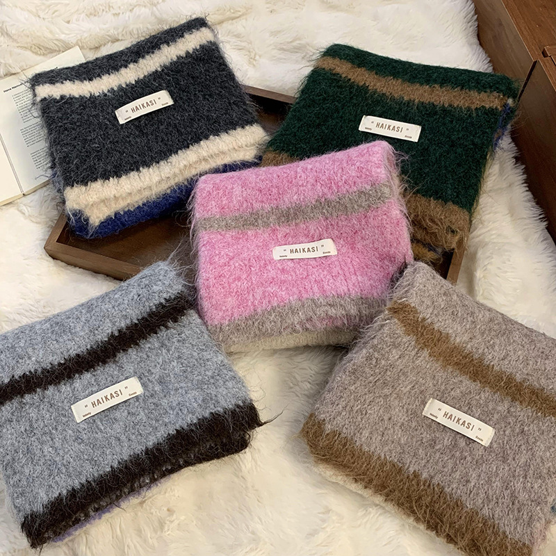 Bufandas de lana de punto de invierno para mujeres nuevas versiones coreanas de alto nivel de lana de estilo de estilo de estudiantes de buñuelo de rayas cálidas