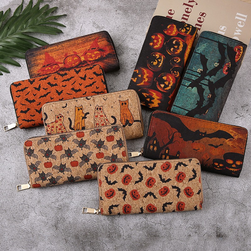 Cross-Border Halloween Pattern Long Wallet Multi-Layer Fashion Coin Bag Wide Open Pumpkin Bat Zipper Card Holder Cross-Border Halloween Pattern Long Wallet Multi-Layer Fashion Coin Bag Wide Open Pumpkin Bat Zipper Card Holder