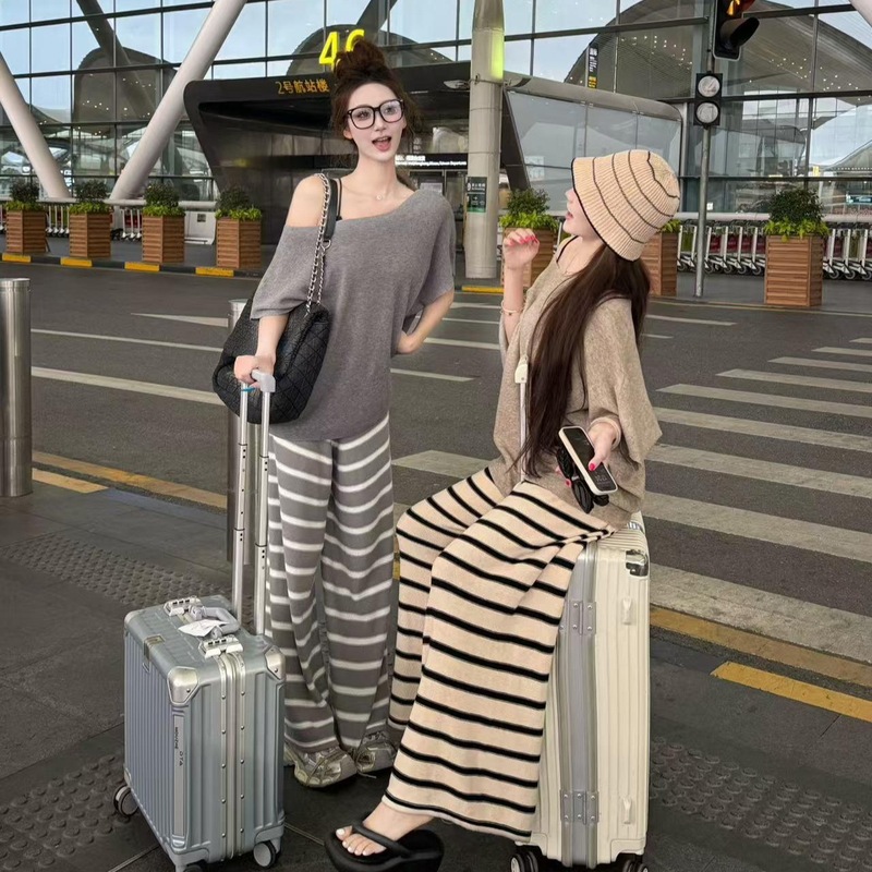 夏冰丝镂空拖地裤条纹针织宽松阔腿裤垂感懒人休闲裤一套女装全套|undefined