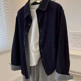 日系复古深蓝色翻领长袖牛仔衬衫女宽松2025春秋季薄外套上衣学生