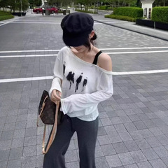韩版宽松露肩人物印花长袖T恤女2025夏季新款慵懒风减龄百搭上衣