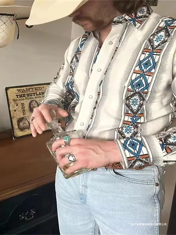 Men's Shirt with Western Tribal High-Definition Print Pattern, Vintage Geometric Cuffs, Long Sleeves, Butt Design, Casual Soft Top