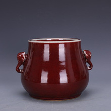 大清康熙手工瓷窑变祭红釉象耳炉古玩古董做旧仿古瓷器摆件收藏品