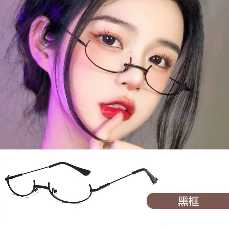 Women’s Half-Frame Decorative Glasses, Japanese Sweet Style, Black Plastic Lenses — detail image 4