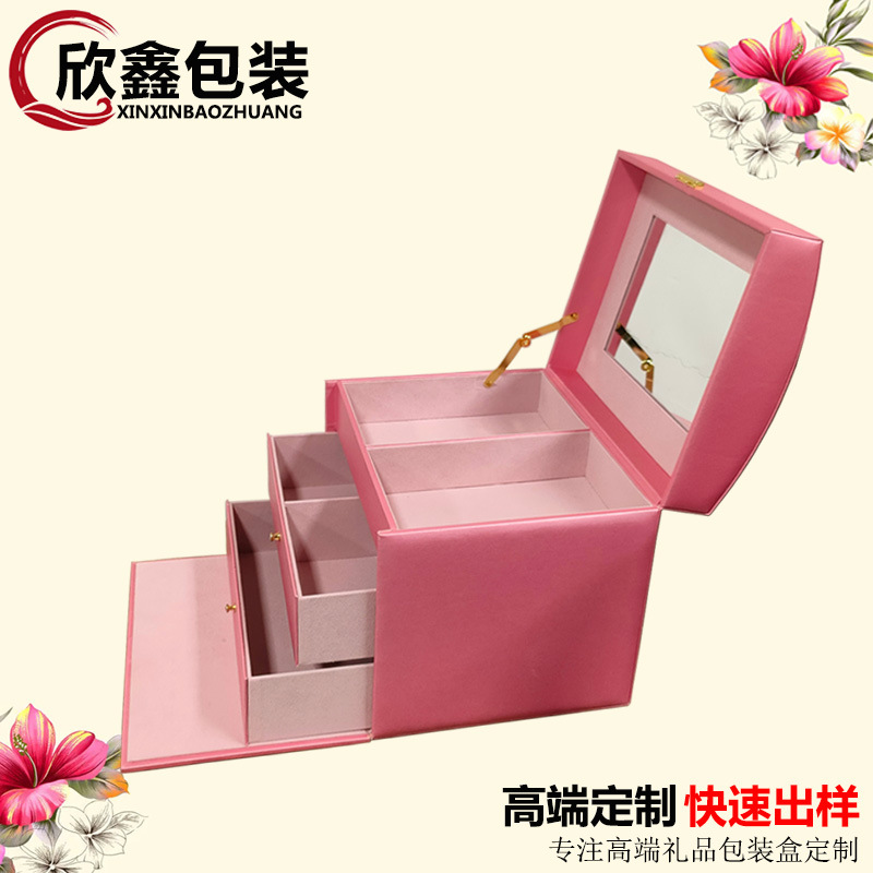 高端首饰盒便携式手提珠宝首饰箱抽屉分格收纳盒多层首饰皮盒批发
