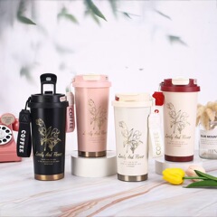 新款316不锈钢真空保温杯时尚双饮吸管铃兰花茶杯提绳便携咖啡杯