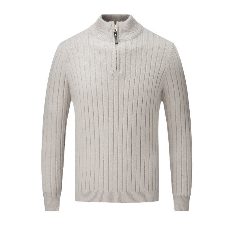 Men's Jacquard Striped Knitted Sweater With Stand-up Collar Zip_voghion.com