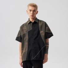 新因素拼接复古短袖衬衫男夏季古着vintage撞色高级设计感潮衬衣