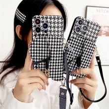 适用vivo X80PRO手机壳D形零钱包千鸟格X70/x60/X50斜挎挂绳软套7