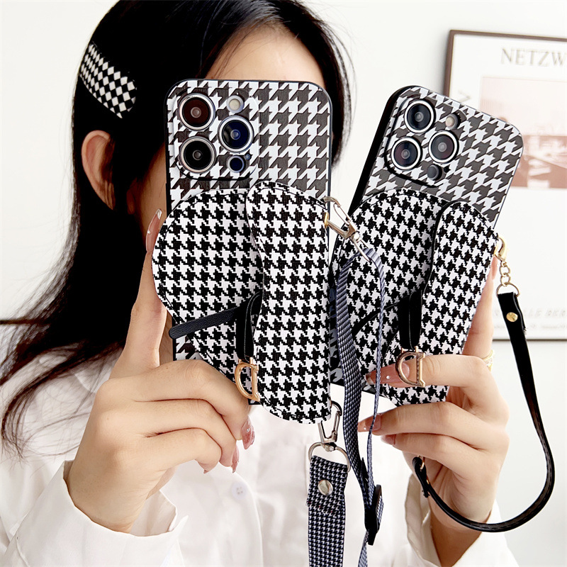 适用vivo X80PRO手机壳D形零钱包千鸟格X70/x60/X50斜挎挂绳软套7