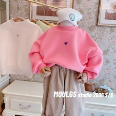 Children's Korean Version Fleece Thick Hooded Sweatshirt for Girls Simple Heart Round Neck Hoodie Candy Color Casual Top