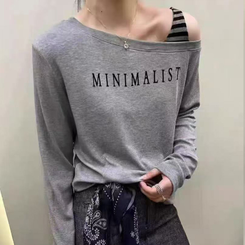 斜领露肩长袖T恤女2025秋季款韩版时尚简约字母洋气宽松百搭上衣|undefined