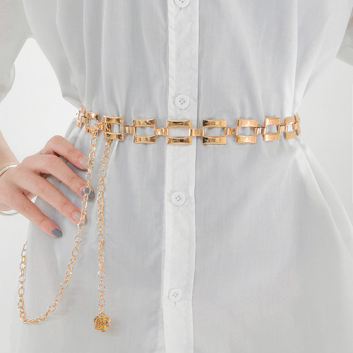 Versatile Hollow Rectangular Waist Chain Women's European and American Fashion Versatile Dress Decorative Metal Punk Belt