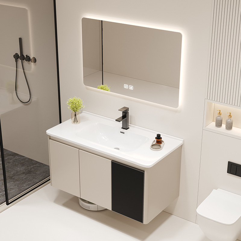 Crema estilo moderno minimalista baño lavado de lavado lavabo integrado de cerámica combinación espejo gabinete panal de aluminio gabinete de baño