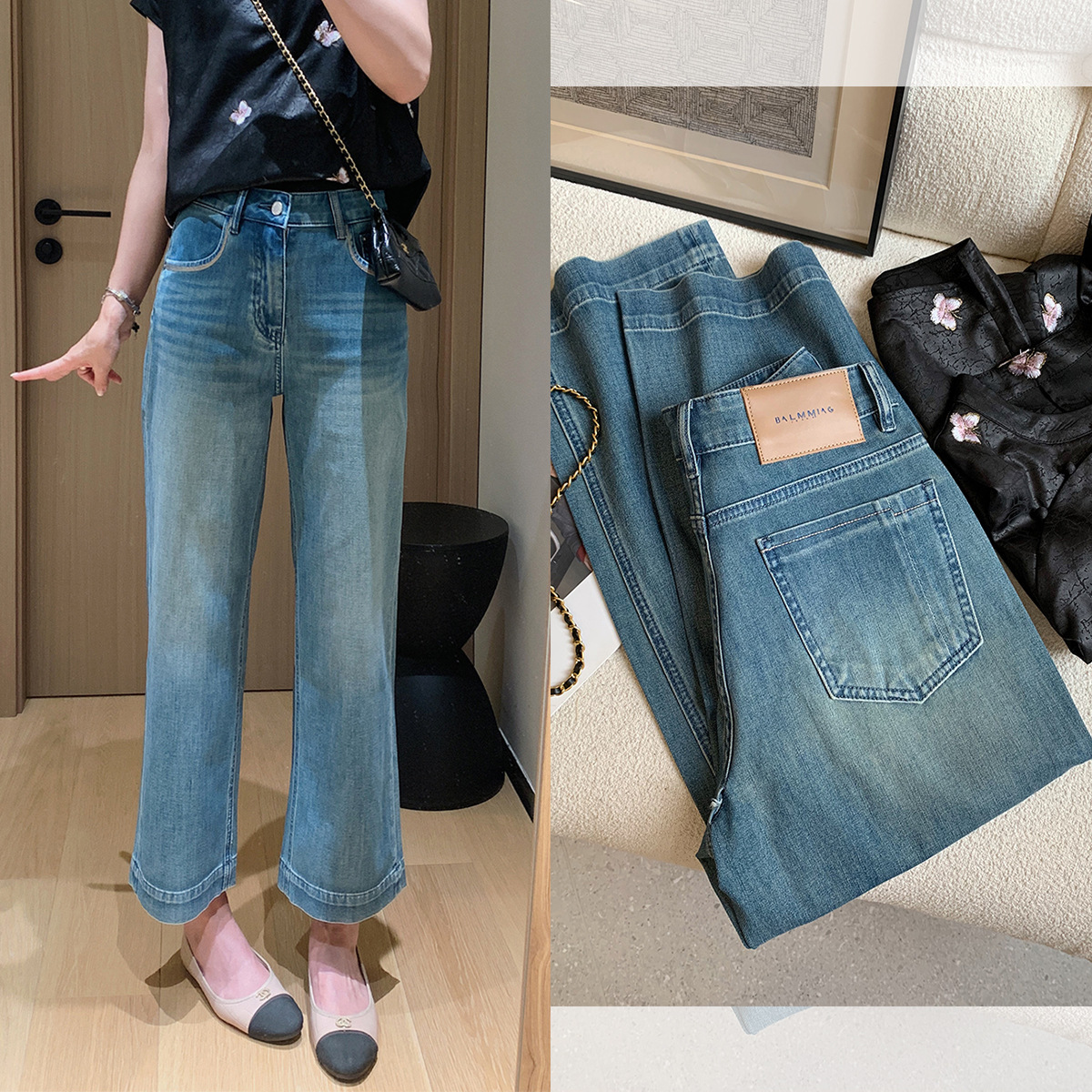 春不晚 限量绣线蓝牛！四面弹双工艺水洗九分裤夏季直筒牛仔裤女