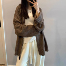 韩系秋冬新款高领中长款外套宽松显瘦慵懒风上衣针织开衫毛衣女