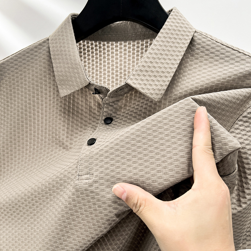 Cross-Border 2025 Summer Men's New Short-Sleeved T-Shirt Middle-Aged Lapel Pure Color Mesh Loose Breathable Half-Sleeved Top