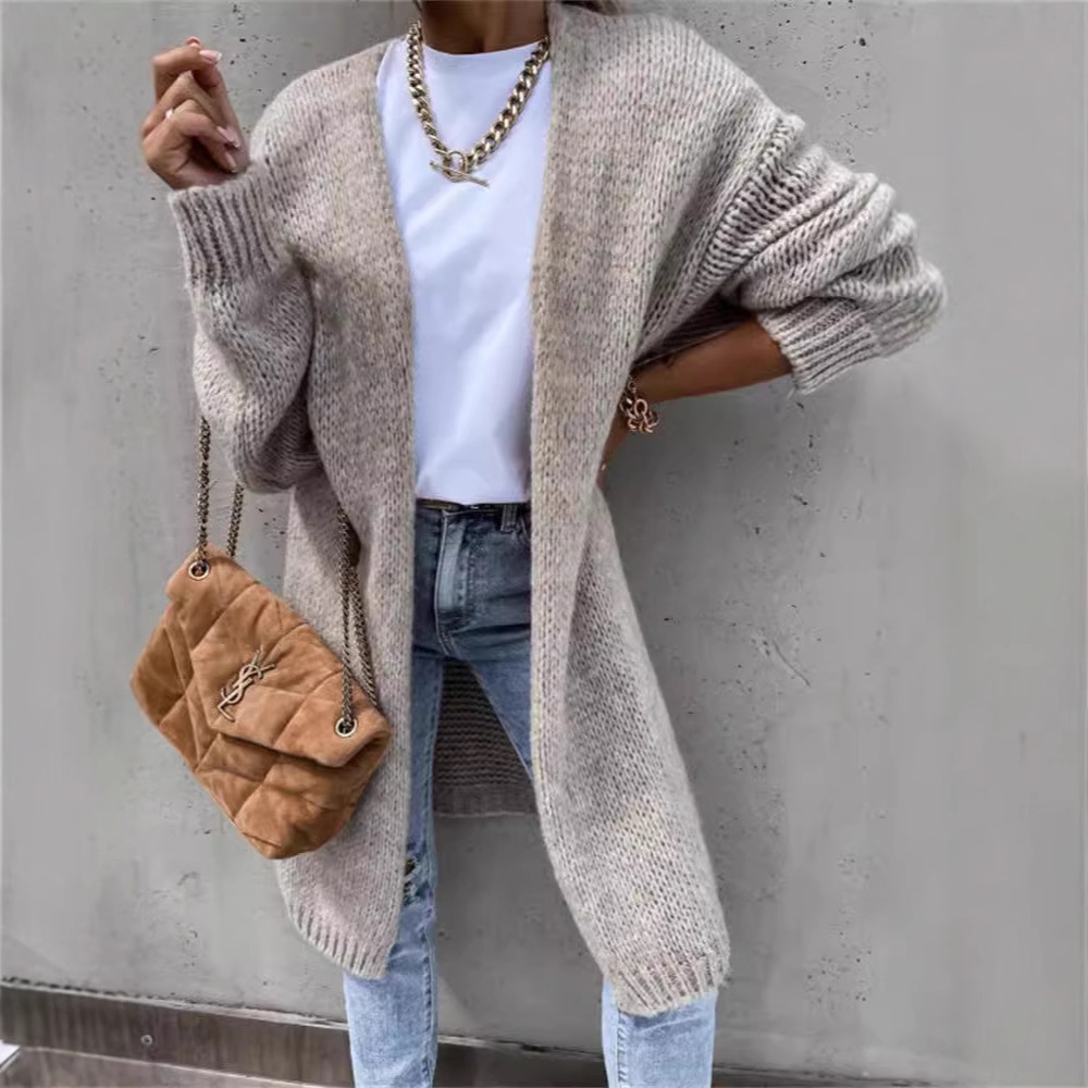 秋冬女式新款纯色长袖中长款毛衣外套宽松针织衫开衫V领上衣外贸