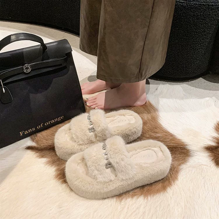 Волосатые тапочки женщины носят 2023 новый осенний и зимний сетчатый красный модный дикий страз с толстым дном и бархатом