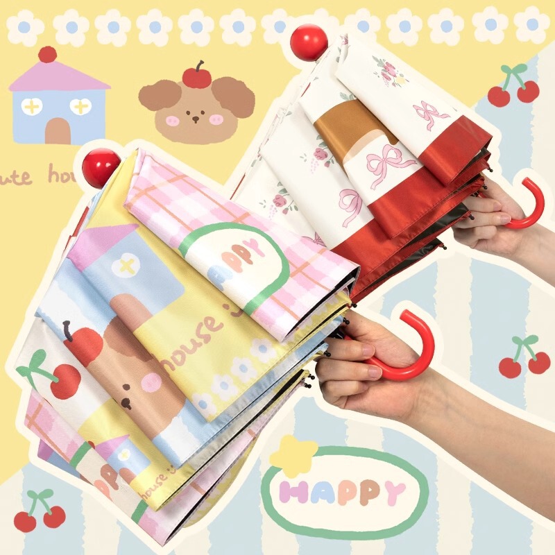 Cartoon Puppy Red Ball Curved Hook Sunshade Umbrella Women's Sunscreen UV Protection Sun Portable High-value Sunny Umbrella Dual-use