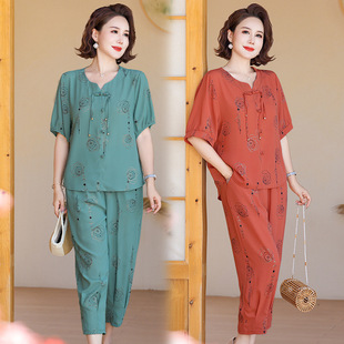 Middle-Aged Mother's Summer Fashion Short-Sleeved Two-Piece Loose Large Size Top Middle-Aged and Elderly Women's Summer Thin Suit