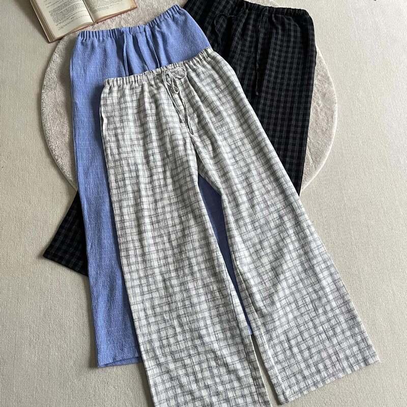 Xanvas Salt-Shrunk Bubble Wrinkle Plaid A-Line Drawstring Casual Pants Breathable Loose Versatile Trendy Long Pants for Men Xanvas Salt-Shrunk Bubble Wrinkle Plaid A-Line Drawstring Casual Pants Breathable Loose Versatile Trendy Long Pants for Men