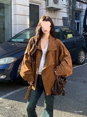 麂皮绒机车外套2025秋季复古美拉德休闲宽松慵懒翻领廓形感夹克女