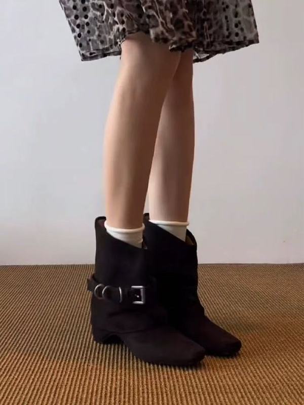 软皮版~酷帅风显瘦美拉德西部靴女皮带扣内增高软皮裤管靴秋冬|undefined