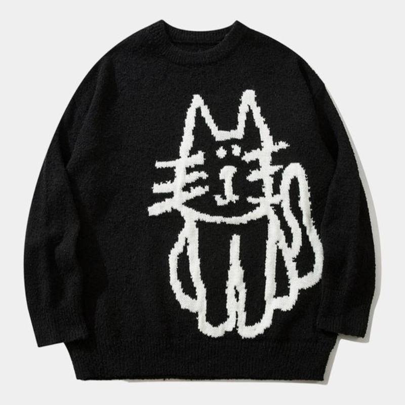Men Cartoon Cat Print Crewneck Pattern Sweater Loose Casual|undefined