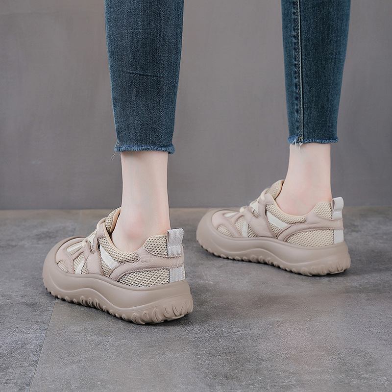 Giày sneaker nữ lưới thoáng khí đế mềm dây buộc da thật — màu be