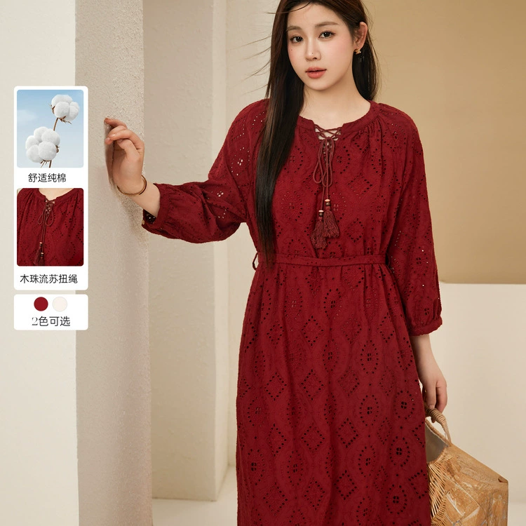 Сплошное шоу большой размер женский хлопок ретро стиль искусства повседневный расслабление платье жирный mm2024 осенний костюм новый