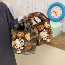 卡通玩偶毛呢包包女2025新款潮秋冬复古格子手提托特包KT猫手提包