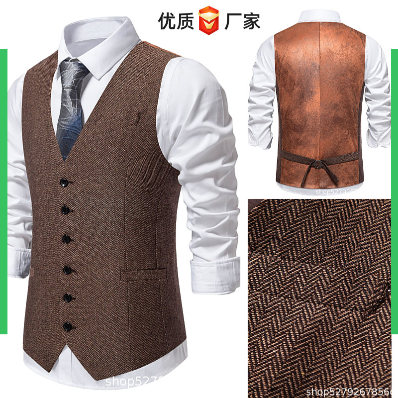 Autumn and Winter Cross-Border European Size Men's Suit Vest, Herringbone Retro Patchwork Single-Breasted Men's Suit Vest