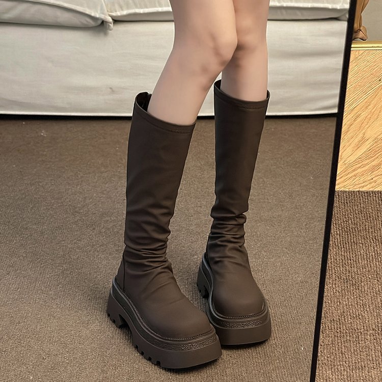 Moteriški storapadiai platforminiai aulinukai iki kelių 2023 m. rudens ir žiemos madingi klostuoti aulinukai iki kelių, ploni, elastingi aulinukai_voghion.com