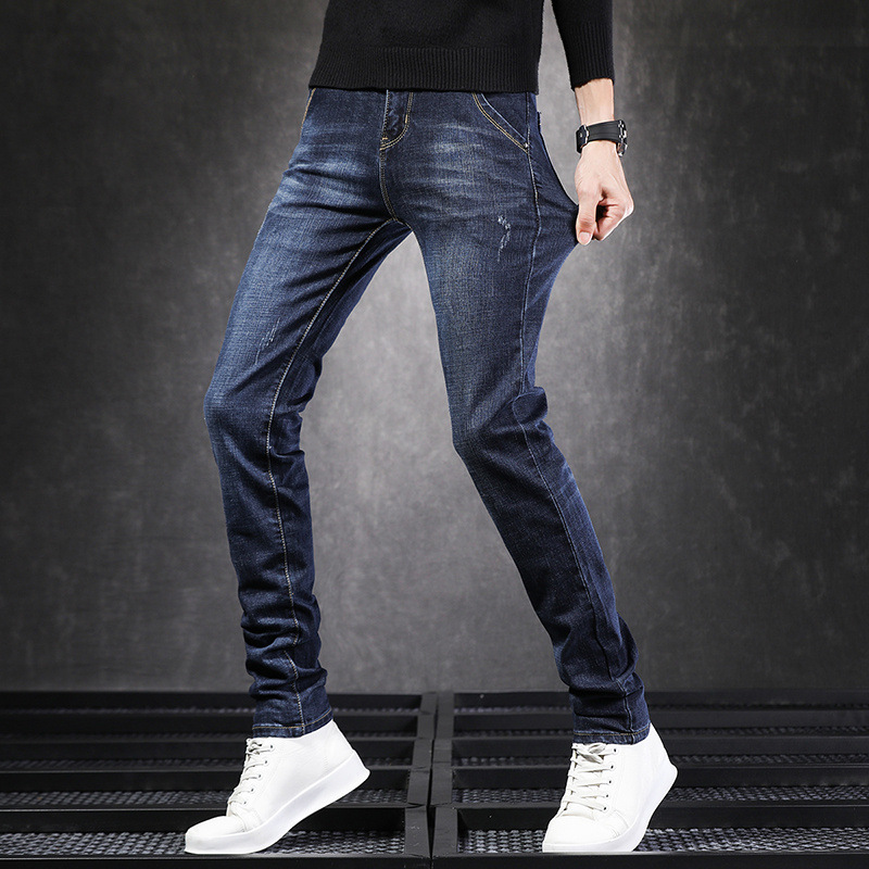 新塘牛仔裤秋冬男士弹力修身小脚男裤磨破猫须高端春秋裤子男牛仔