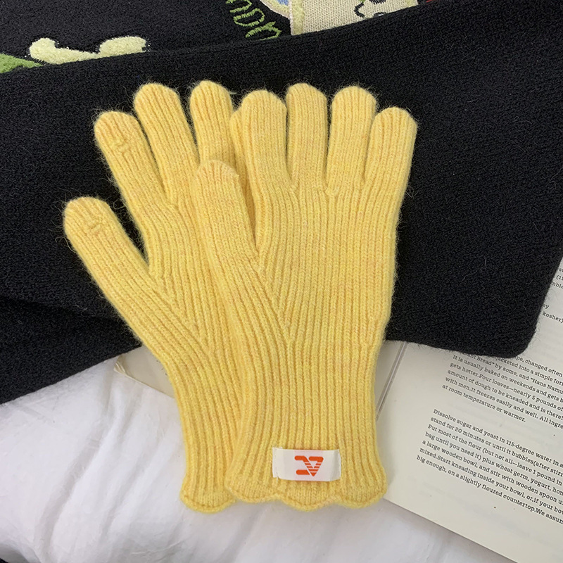 Guantes de lana de punto para mujeres otoño y invierno alargados y gruesos guantes de ciclismo de encaje caliente de color sólido con pantalla táctil