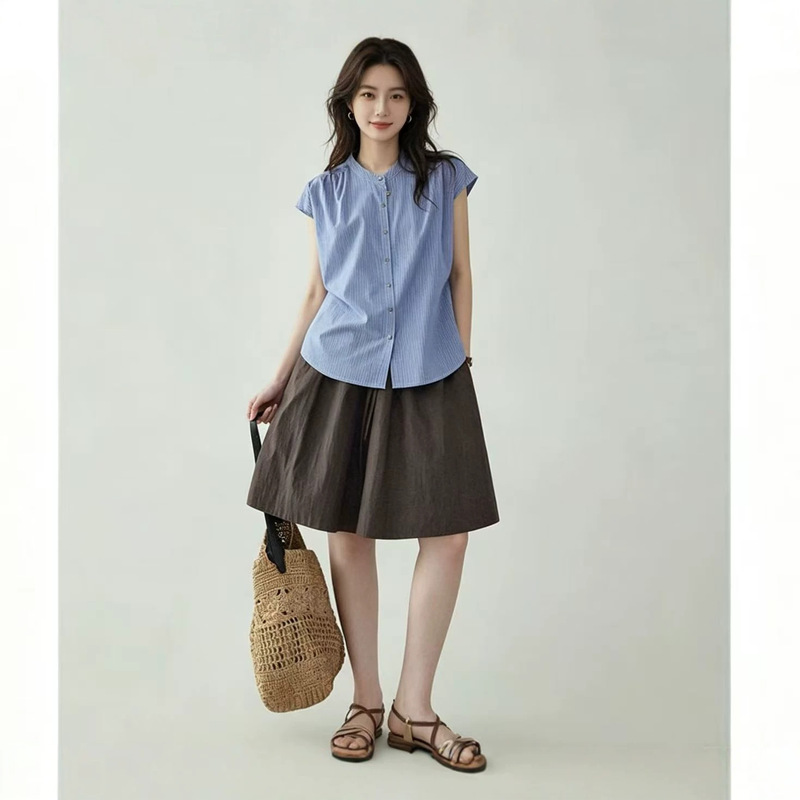 2026 Summer Blue Striped Back-Tie Flutter Sleeve Shirt for Women, New Summer Style Loose Button-Up Top 2026 Summer Blue Striped Back-Tie Flutter Sleeve Shirt for Women, New Summer Style Loose Button-Up Top