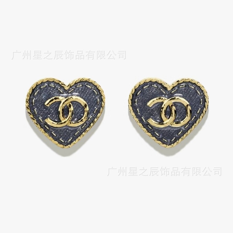 女性用の香家ペアバージョンダブルCブルーラブデニムイヤリング、女性用の小さな香りのハート型イヤリング、工場卸売のリアルショット|undefined