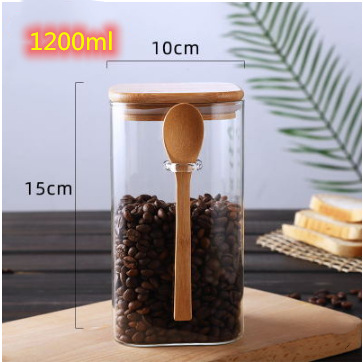 Frasco de vidrio cuadrado sellado con cuchara de madera caja de condimento granos de café botella de almacenamiento frasco de té