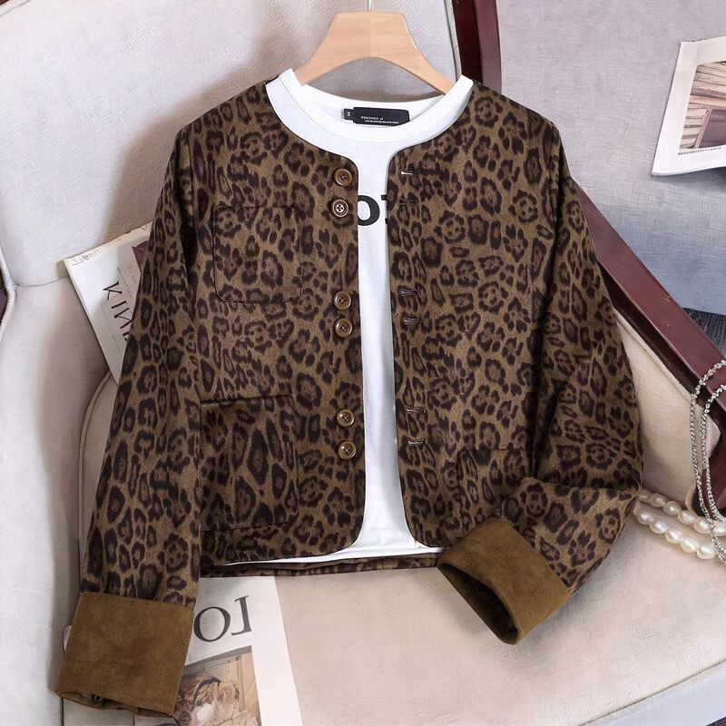 Leopard Print Short Jacket with Contrasting Colors, Chanel-Style Jacket for Women, 2025 Autumn and Winter New Style, Melard-Style Top Jacket for Women 7656