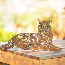 Amazon跨境复古做旧生锈色铁艺猫咪地插花园猫咪草坪装饰摆件