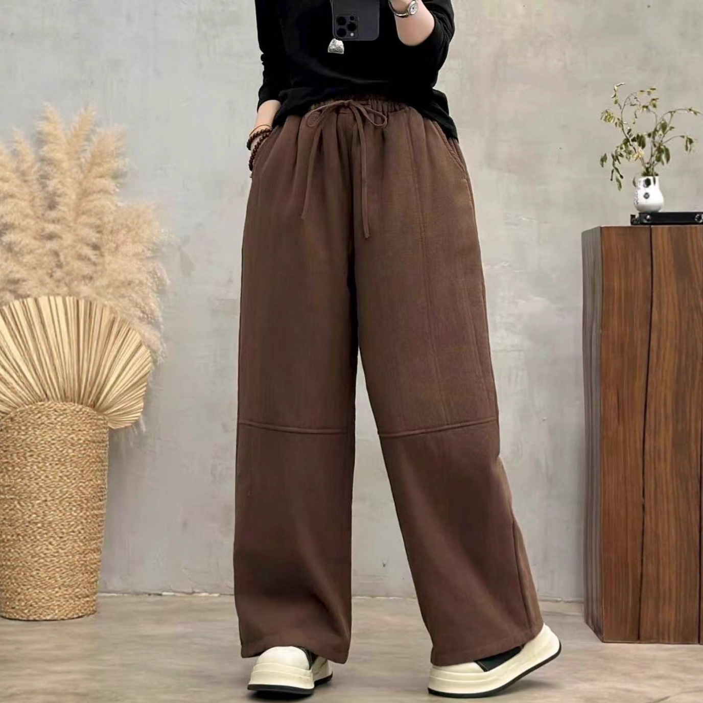 2025冬季新款亚麻夹棉休闲裤子女文艺时尚纯色加厚棉裤直筒裤