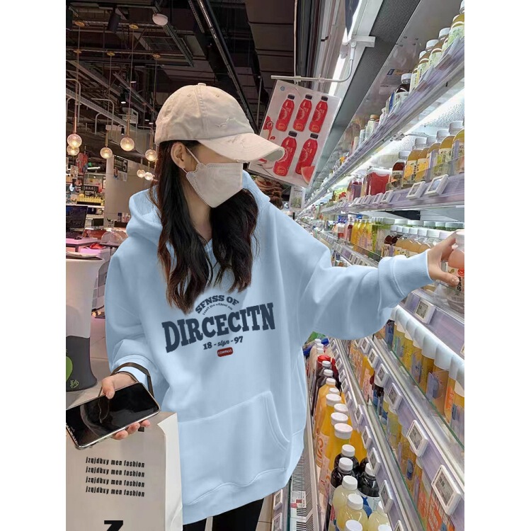 Light Blue Hooded Velvet Sweatshirt for Women 2025 New Popular Autumn and Winter Casual Sports Long-Sleeved Tops and Jackets Trendy