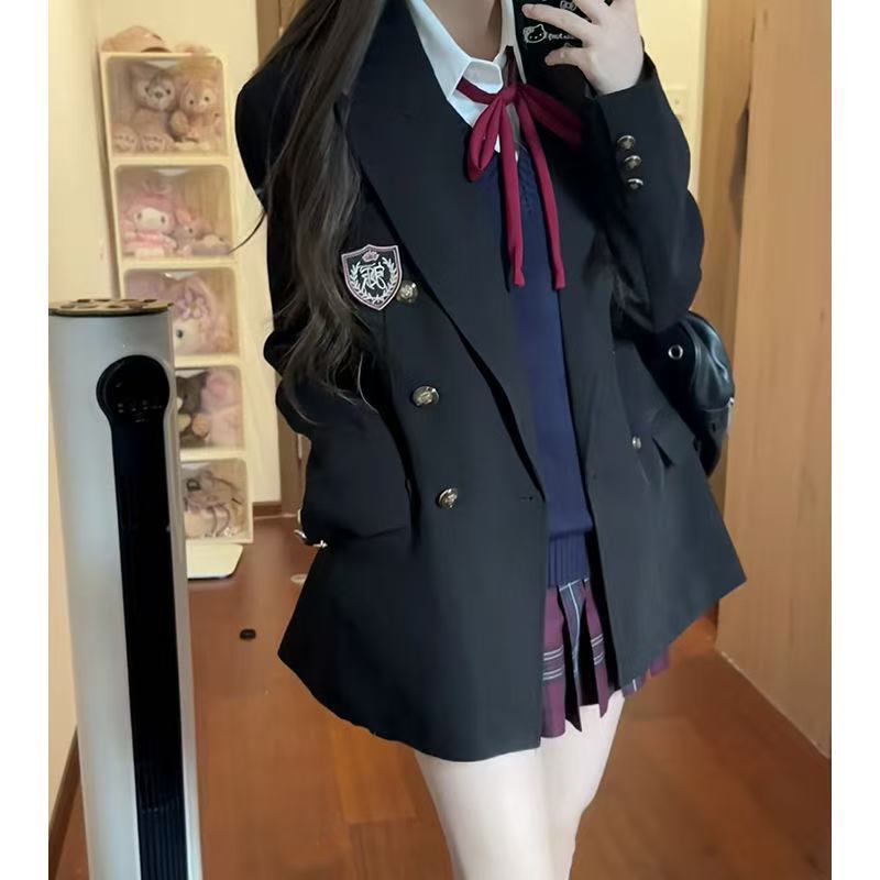 Jk Uniform Jacket Black Double-Breasted Slim Suit Preppy Style Student Top Comes with Badges