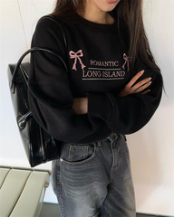 秋季韩国少女小清新可爱刺绣蝴蝶结字母短款套头毛圈卫衣日系