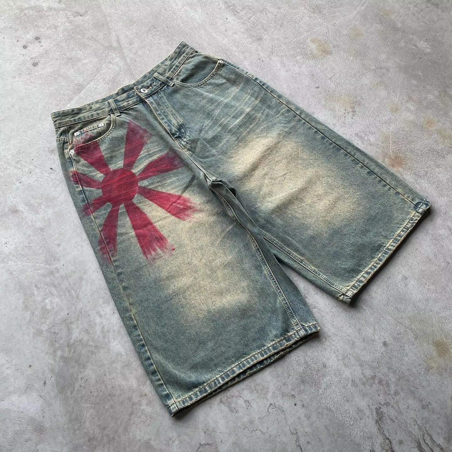 Protect Denim Shorts Loose Graphic Washed Blue